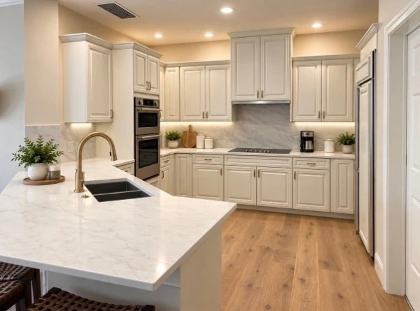 White kitchen with marble counters and wood flooring