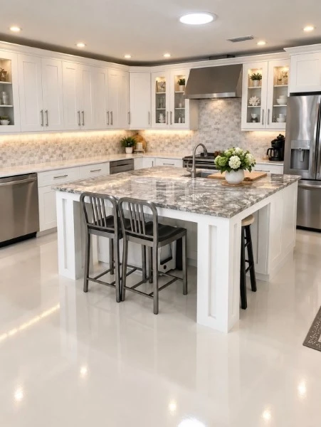 White kitchen with a marble island and pendant lighting